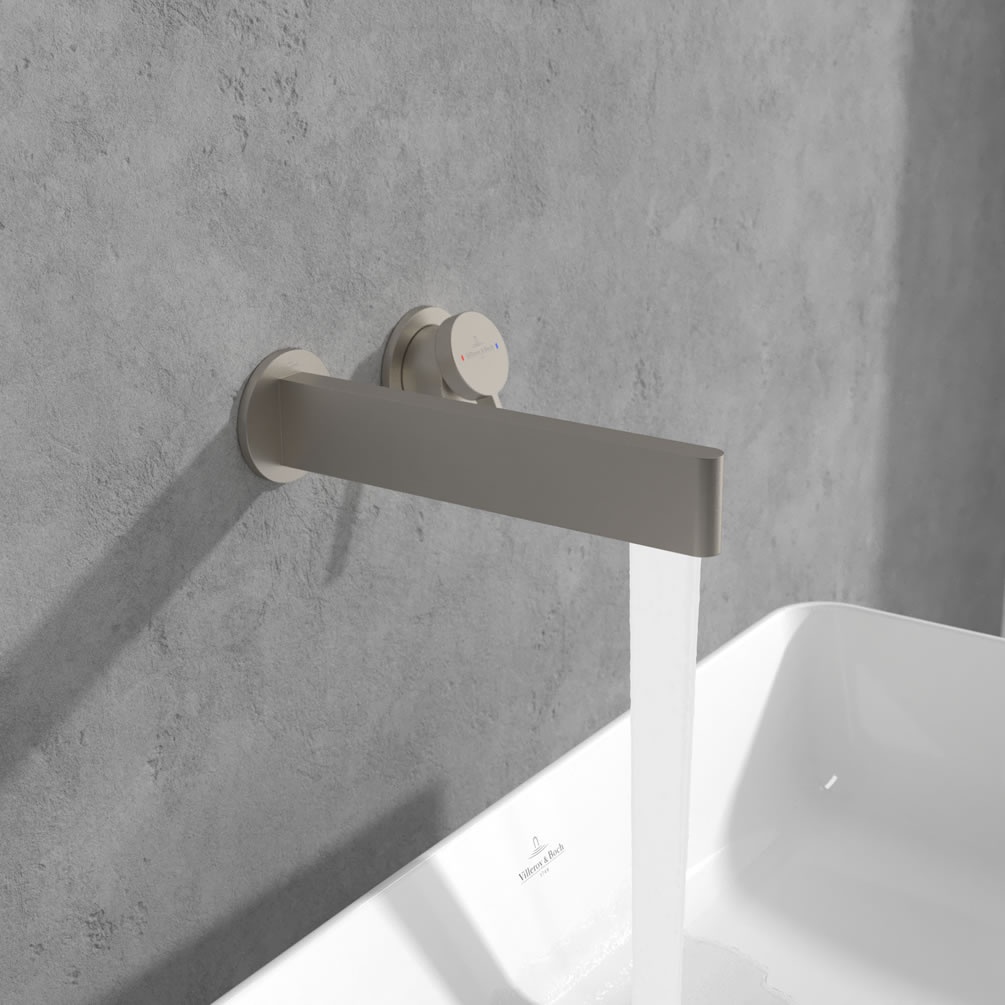 Lifestyle image of Villeroy & Boch Dawn Brushed Nickel Slim Wall-Mounted Basin Tap